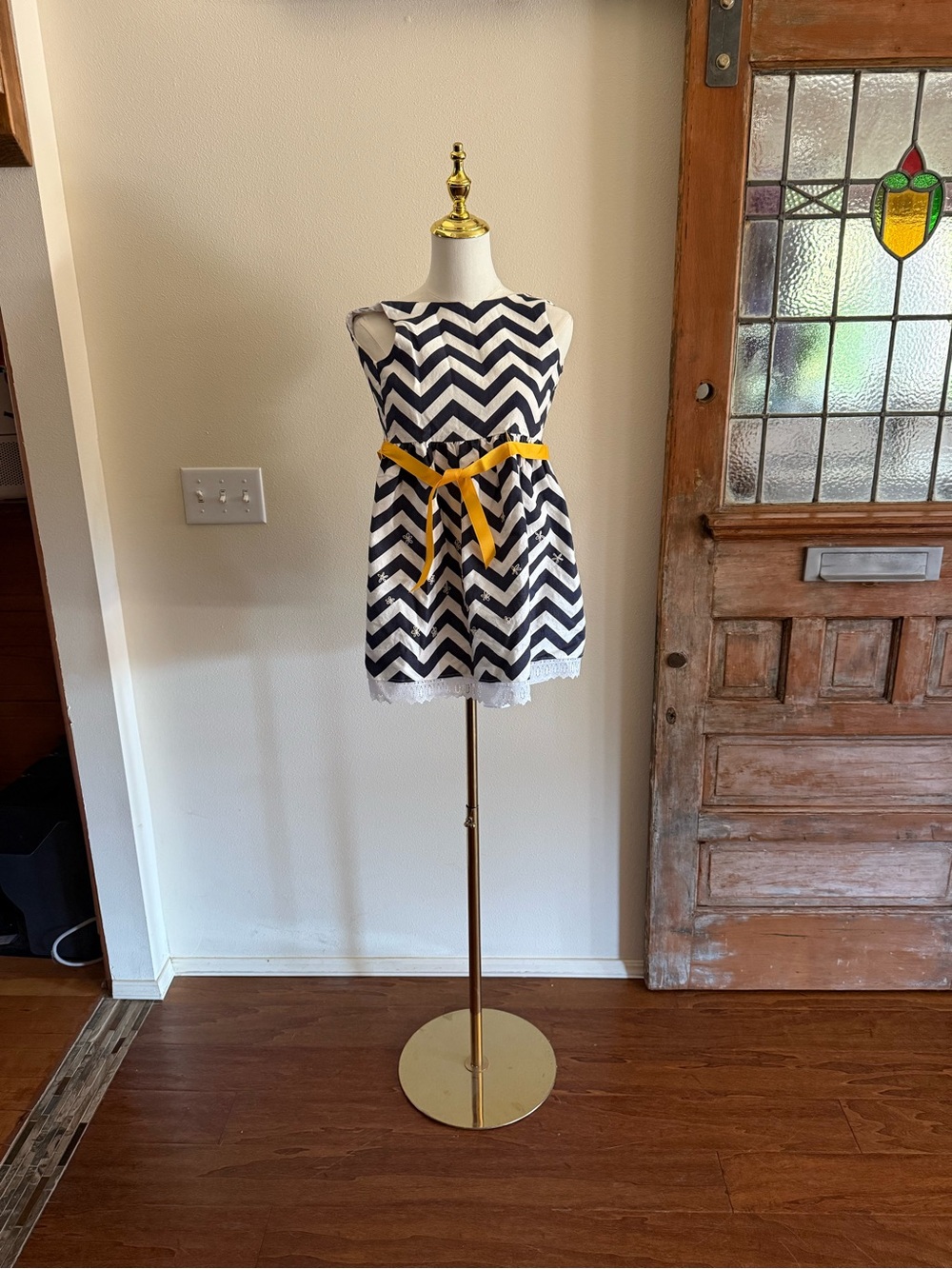 Sleeveless Navy Chevron Girls Dress with Yellow Sash